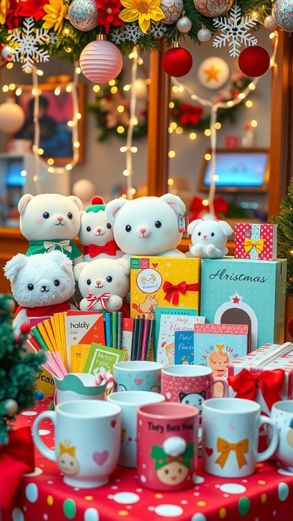 Kawaii Christmas Gift Ideas A collection of kawaii Christmas gifts including plush toys, mugs, and stationery on a festive table.